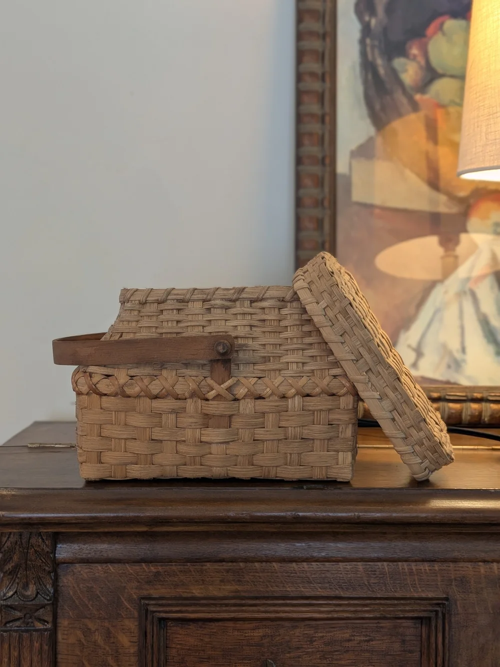 Handwoven Split Ash Picnic Basket with Lid & Folding Wooden Handle